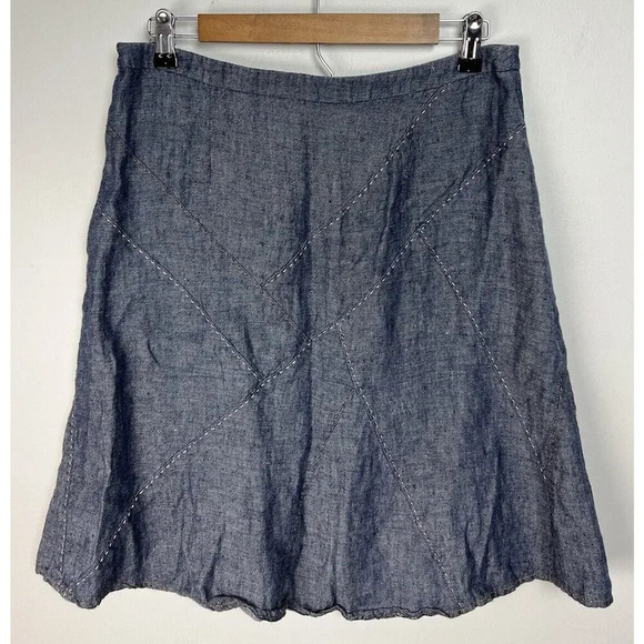 CAbi Style #930 Blue Linen Skirt Flared Topstitch Patchwork A-Line Size 8 Womens - Picture 2 of 6